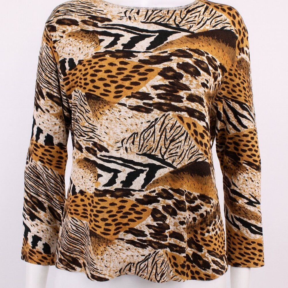 Vintage Jane Ashley Size Small 3/4th length Sleeve Animal Print Top Sequin Detai